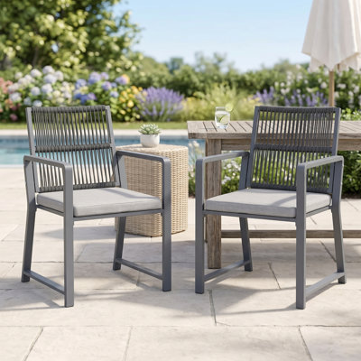 Set of 2 Patio Dining Chairs, Metal Outdoor Chairs with Removable Cushion, 105° Ergonomic Backrest & Woven Design, Weather Resistant, Gray