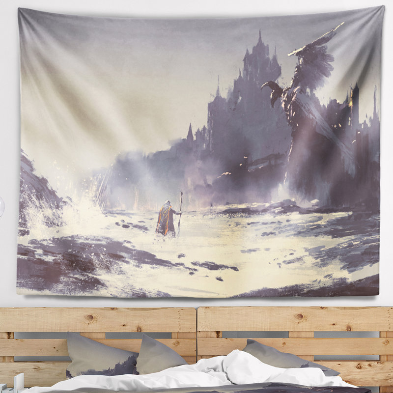 Peinture dark fantasy castle tapestry Landscape, H 32 po x l 39 po