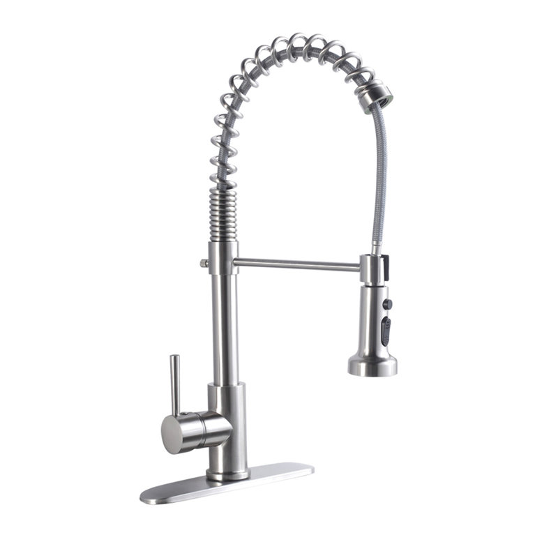 Robinet de cuisine élégant de 21 pouces en nickel brossé, acier inoxydable avec jet aéré rotatif rétractable à 360 degrés et double jet puissant