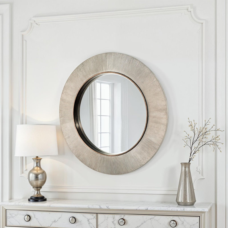 Aubry Round Ribbed Mirror Bevelled, Silver 