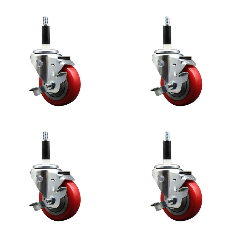 Ensemble de roulettes extensibles en poly 3,5 pouces pivotant 7/8 pouces avec frein SCC, Rouge