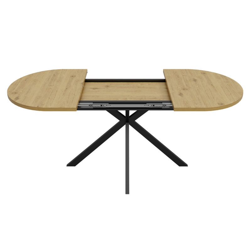 Extendable Oval Dining Table with Self-Storing Extension Leaf & Black Metal Spider Legs, Seats 4–6 People, Oak / Black