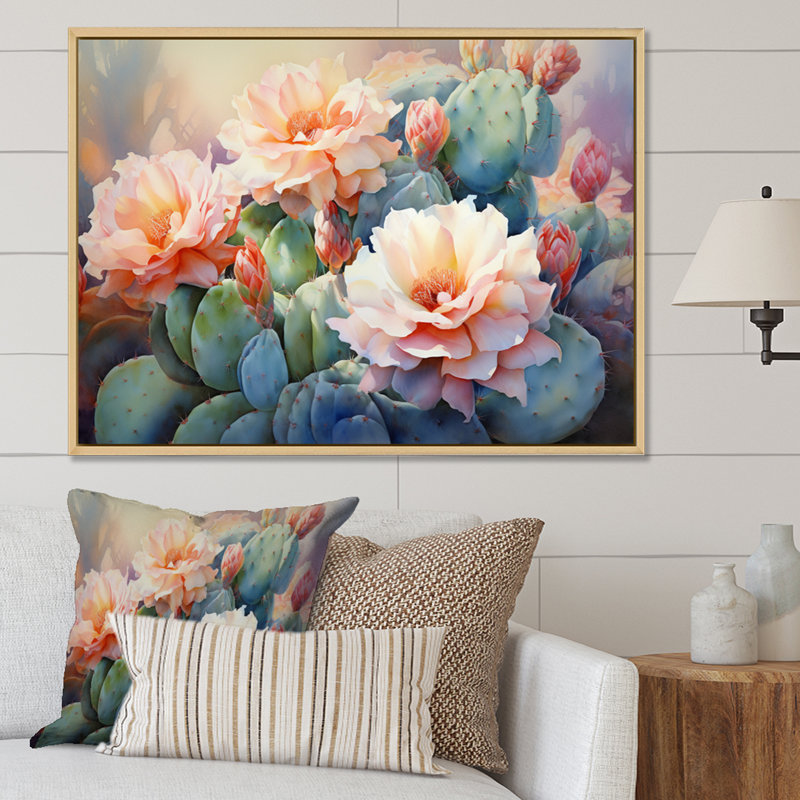 " Peach Green Cactus Romantic Impression ", 24" H x 32" W x 1" D, Natural Floater Framed