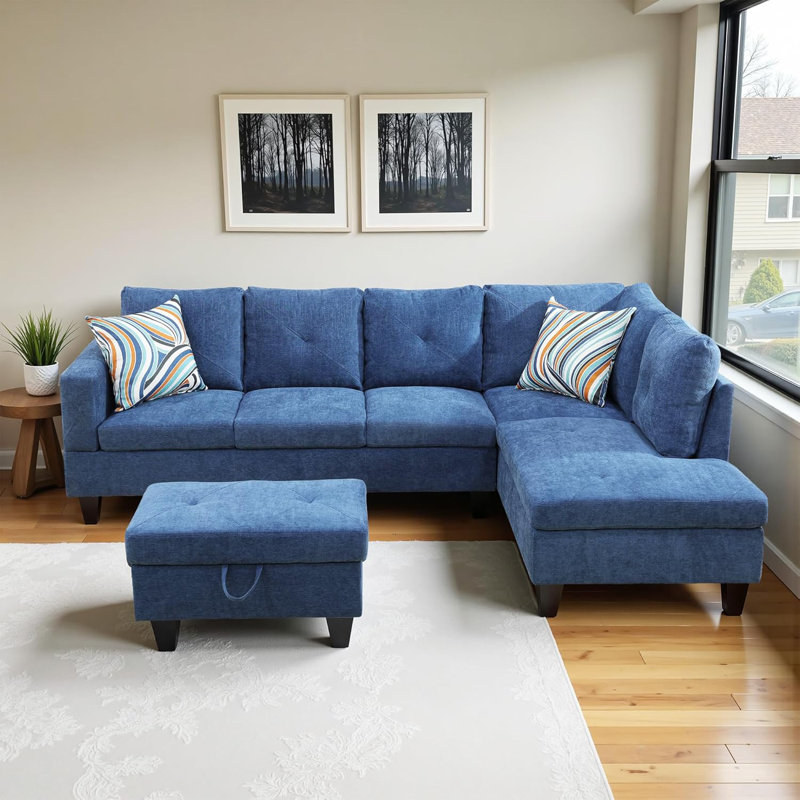 3-Piece Linen Sectional Sofa, Right Hand Facing, Blue