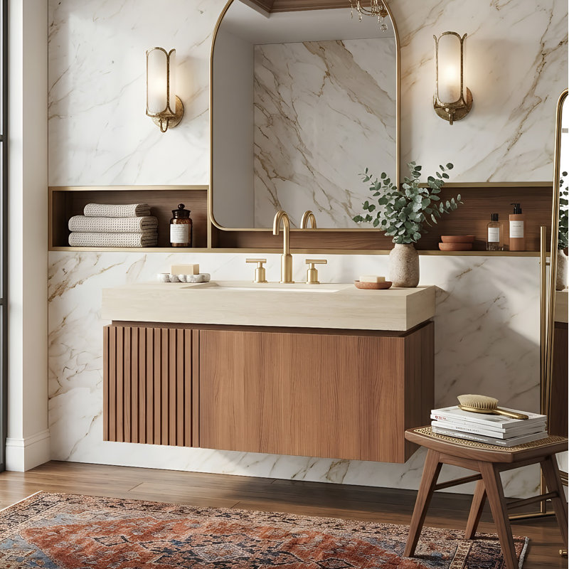 Meuble-lavabo moderne flottant avec comptoir en pierre frittée et évier en céramique Roma, armoire de rangement en contreplaqué (30 po / 36 po / 48 po)