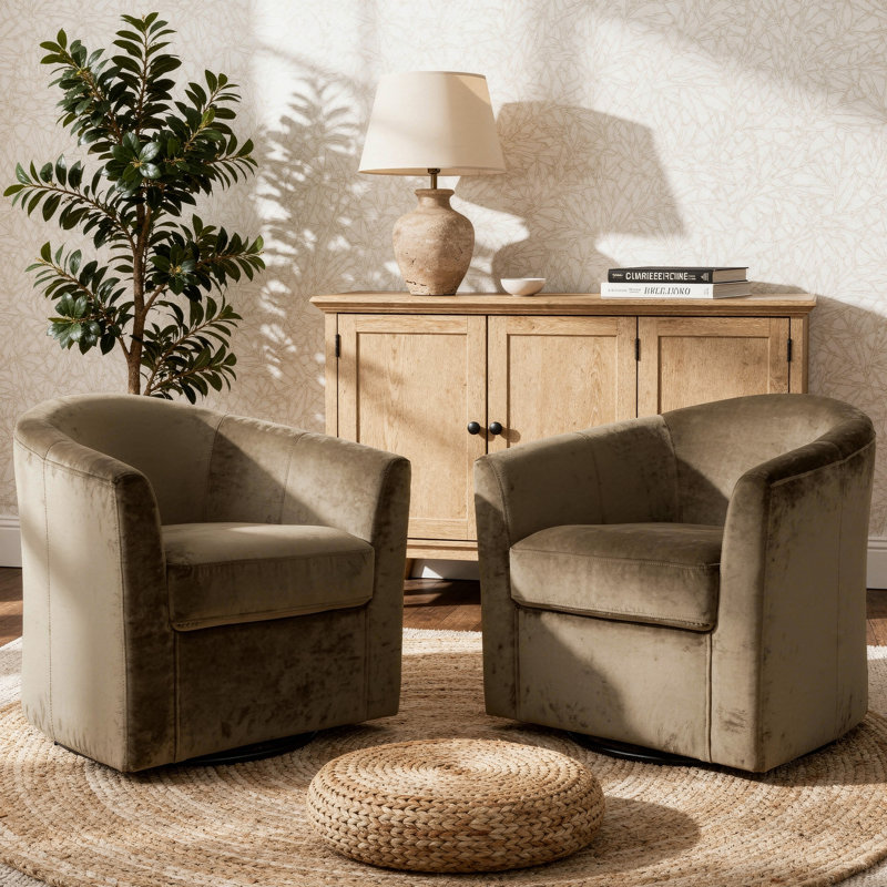Upholstered Velvet Swivel Barrel Accent Chair with Curved Back (Set of 2), Coffee
