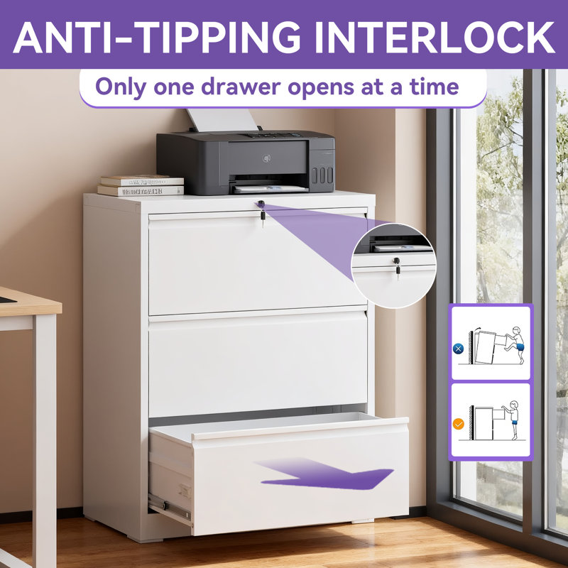 White 3-Drawer Lateral Filing Cabinet with Lock, Heavy Duty Metal File Cabinet with Quiet Full-Extension Drawers and Built-In Safety Interlock, for Home Office, Holds Letter and Legal Files