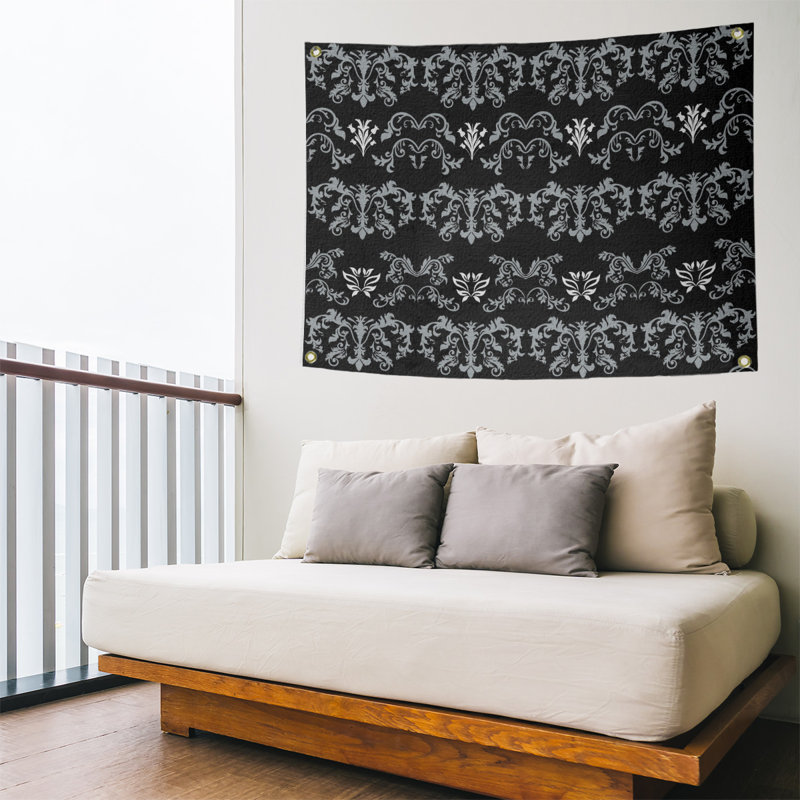Tapisserie baroque en polyester polyester Oakland, H 26 po x l 36 po, Noir/gris/blanc
