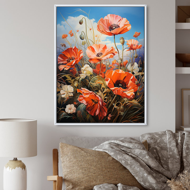 Meadow Poppy Field - Art mural sur toile floral et botanique, H 20 po x l 12 po x P 1 po, Cadre flottant blanc