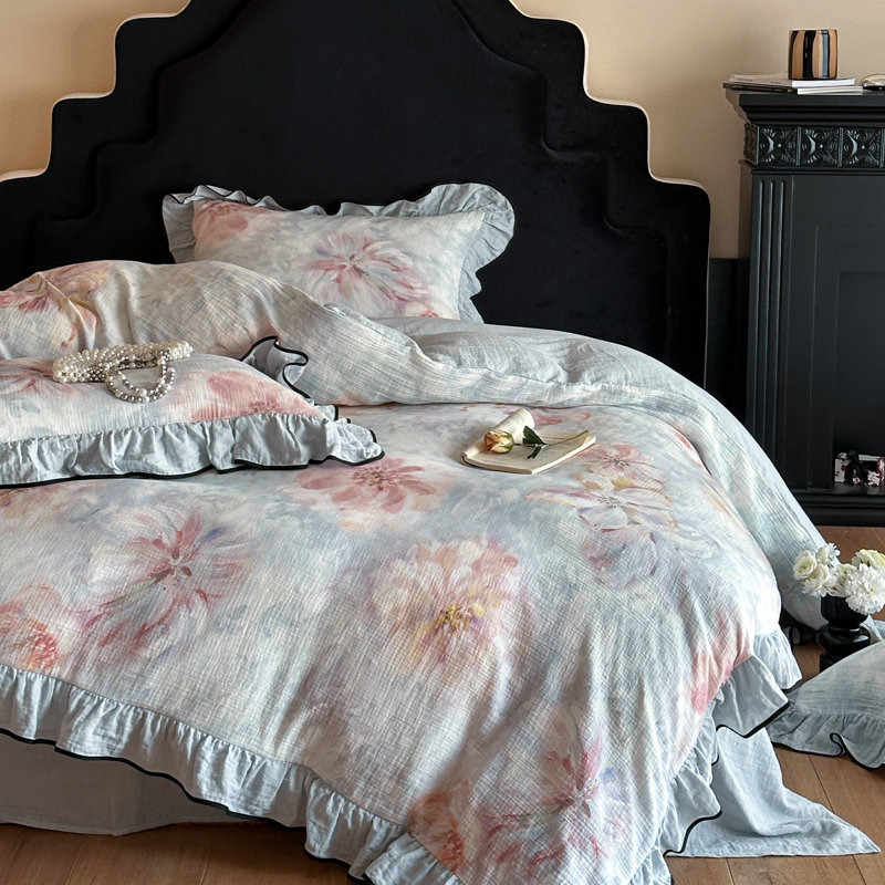 Floral Double-Layer Crinkle Cotton Duvet Cover Set, Blue, King Duvet Cover + 2 Pillowcases