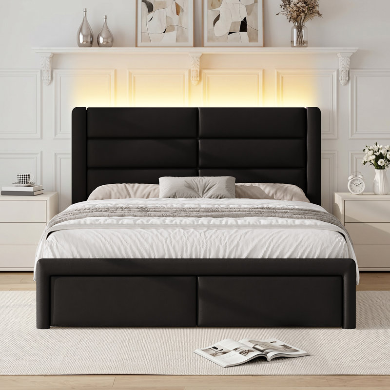 Faux Leather Upholstered Bed Frame with Headboard + 2-Drawer Nightstand with Charging Station, USB Ports & Outlets, Complete 3-Piece Bedroom Set