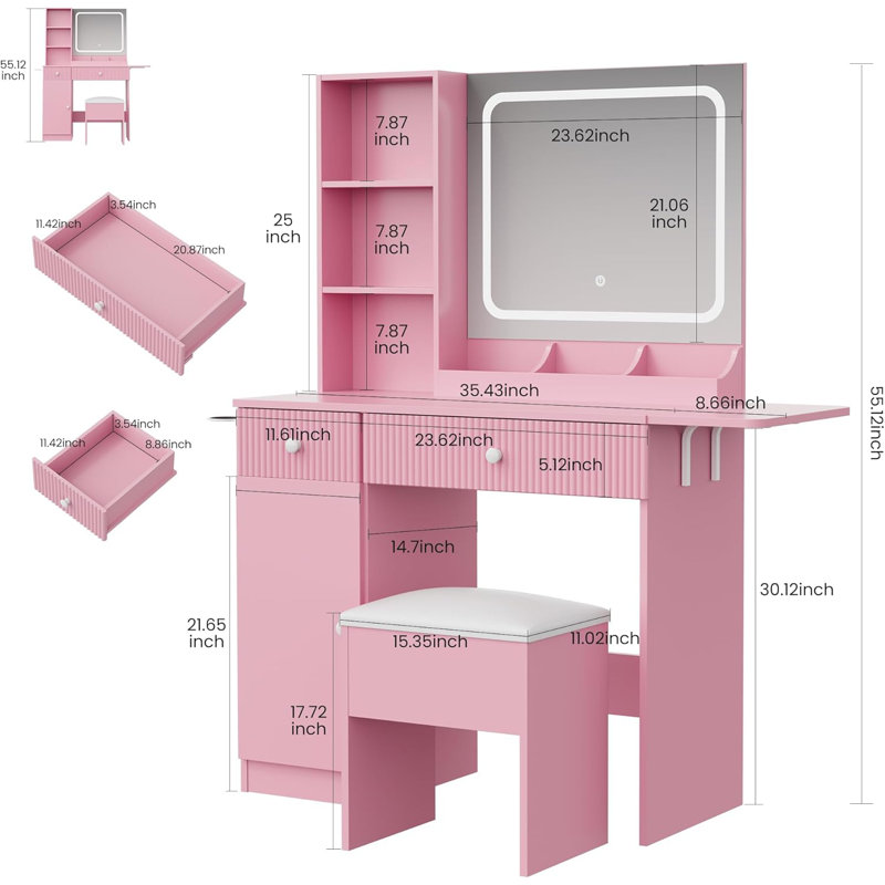 Coiffeuse de maquillage avec lumières DEL et prises de courant - 2 tiroirs, armoire et tabouret - coiffeuse avec station de charge
