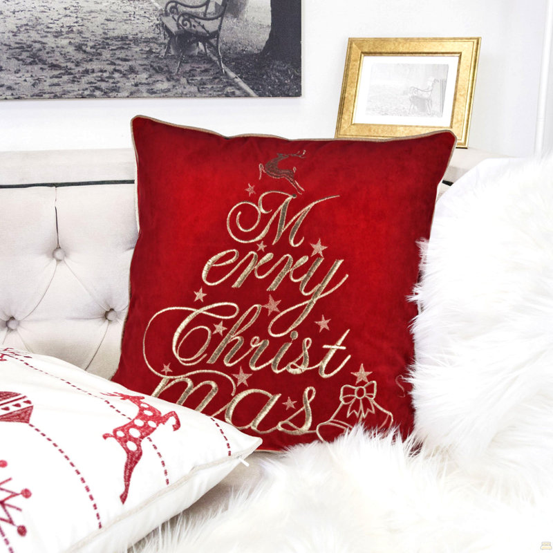 Coussin décoratif en velours de Noël avec broderie Merry Christmas, 20 x 20 avec ensemble de 2 insertions, Ensemble 2 pièces