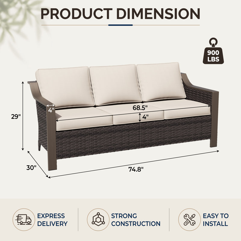 Premium Outdoor Patio Rattan Three-person Sofa, Beige