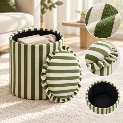 Pouf de rangement rond à rayures vertes avec coussin en chenille et design pliable