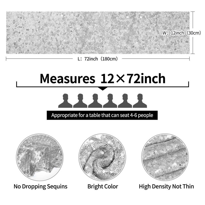 6 Packs 12 X 72 Inches Silver Sequin Table Runner, Glitter Runner