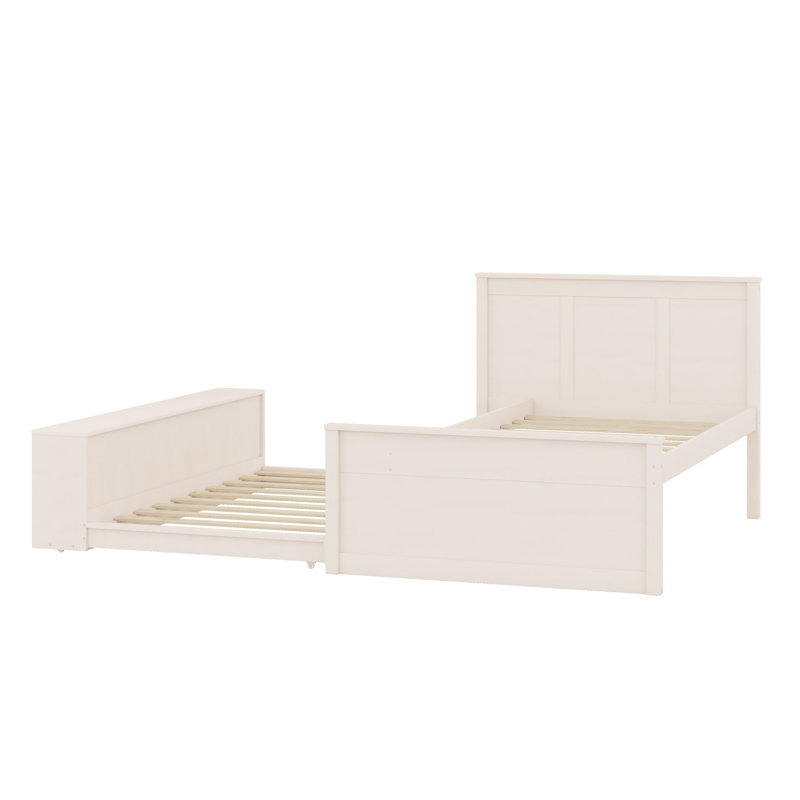 Lit plateforme en bois avec lit gigogne et rangement peu encombrant, Blanc, crème