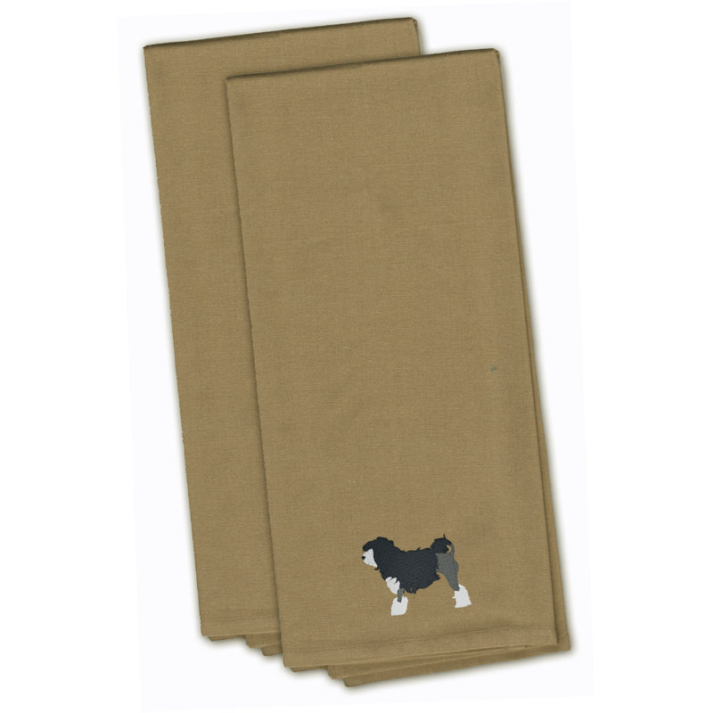 Serviette à thé de cuisine brodée petit chien lion, Brun clair, H 28 po x l 19 po x P 0,1 po