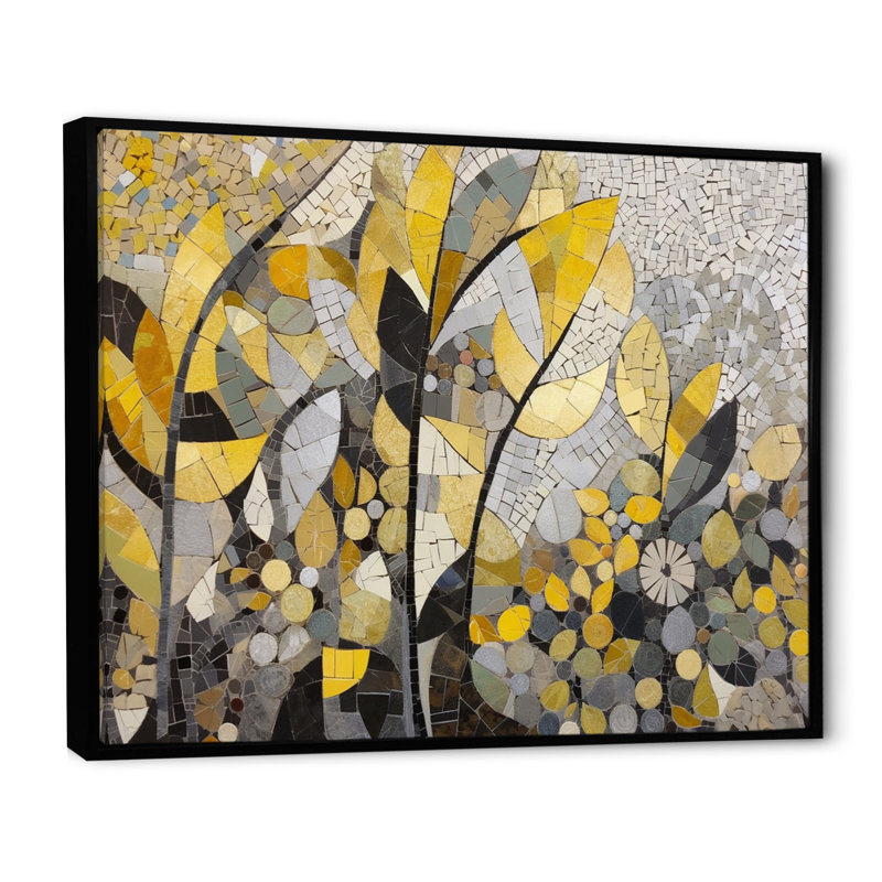 Begie, motifs jaunes et gris en fusion artistique - art mural mosaïque bohème, Reproduction avec cadre flottant, Noir