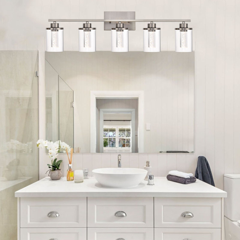 Luminaire de salle de bain en nickel brossé 5 lumières pour salle de bain, abat-jour en verre transparent, bulle de cristal, éclairage à DEL à intensité variable pour meuble-lavabo