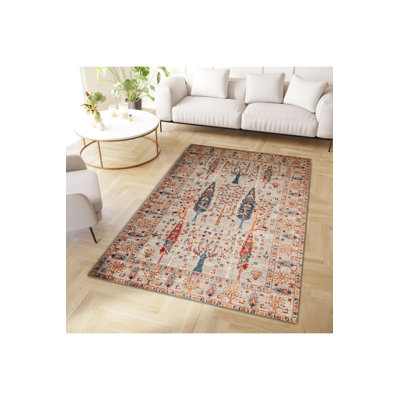 Orange Toned Colourful Trees Pattern Woven Base Modern Decorative Machine Washable Area Rug