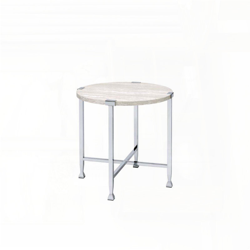Round End Table with X-Support Base – White Oak & Chrome