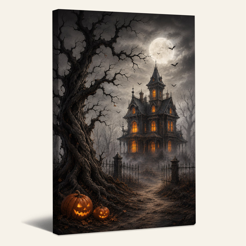 «Haunted Mansion with Glowing Windows And Pumpkins», art mural sur toile, H 30 po x l 20 po