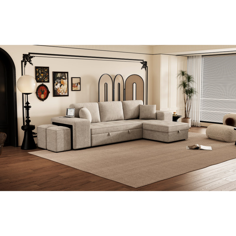 Canapé d'angle 3 places en forme de L couleur crème avec option lit, 2 tabourets et méridienne avec rangement pour salon moderne.