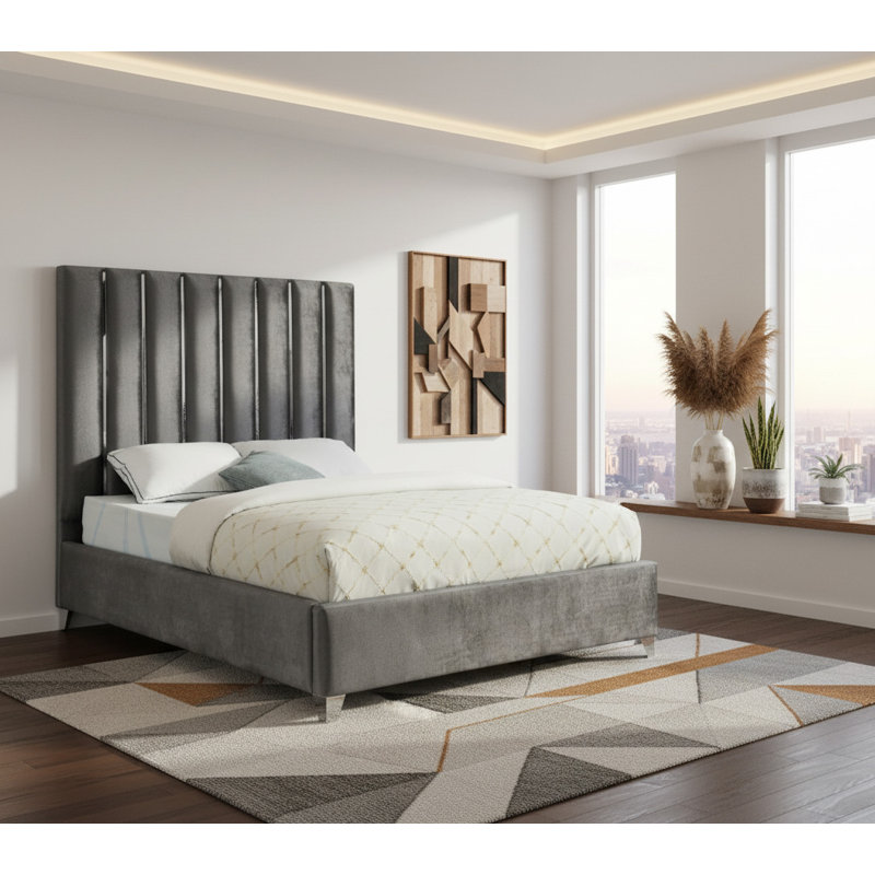 Lit plateforme tapissier capitonné Dietrich, Très grand, Velours gris