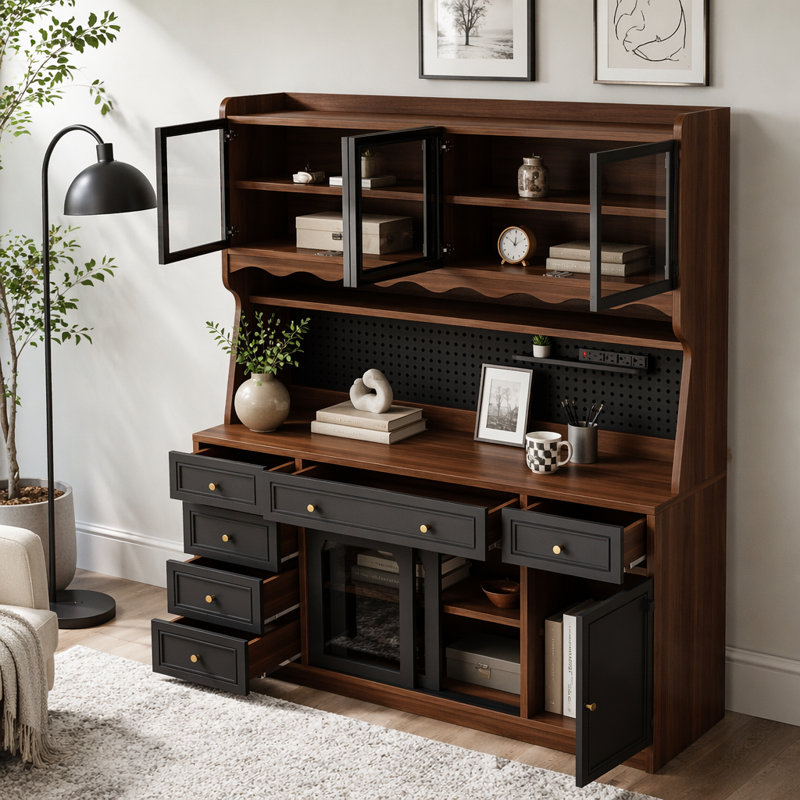 Buffet de rangement l 63 po avec huche, grand bar à café avec 6 tiroirs, 4 armoires avec tablettes réglables