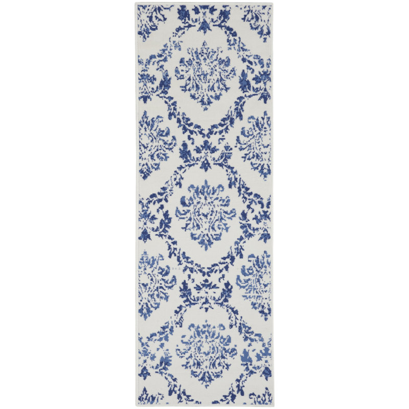 Tapis ivoire / bleu en polypropylène tissé à la machine Goda, Tapis de couloir 2 pi x 6 pi