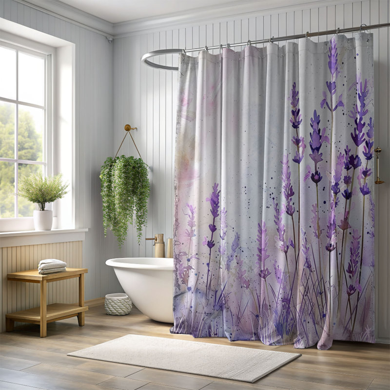 Rideau de douche standard 1 pièce Watercolor Lavender Landscape, H 74 po x l 71 po