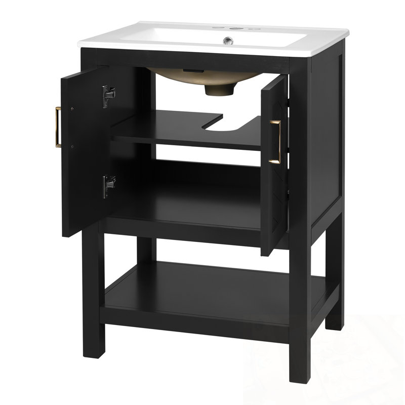 Meuble-lavabo de salle de bain avec dossier ouvert et tablette réglable, Noir