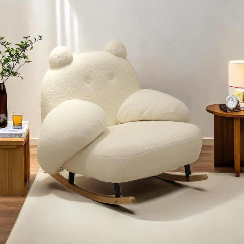 Chaise berçante moderne en bois massif rembourré, Blanc cassé