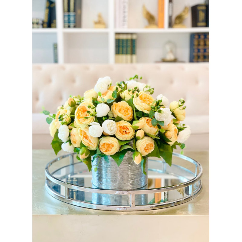 Modern Yellow/Orange Ombre & White Peony Stems – Artificial Silk Peonies For Home Décor