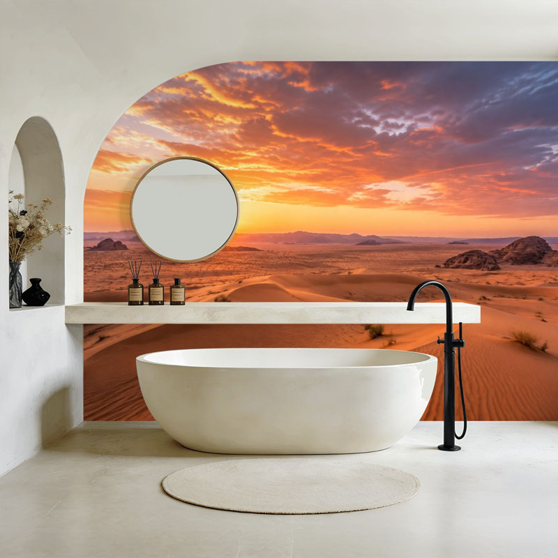 Papier peint adhésif « Coucher de soleil sur sable doré et ciel vibrant », fresque murale de 175 cm (H) x 244 cm (L), en PVC amovible et autocollant, pour chambre, salon ou bureau.
