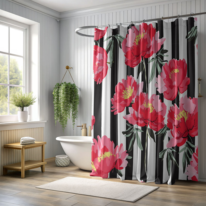 Pivoine et rayures - Rideau de douche standard 1 pièce, H 74 po x l 71 po