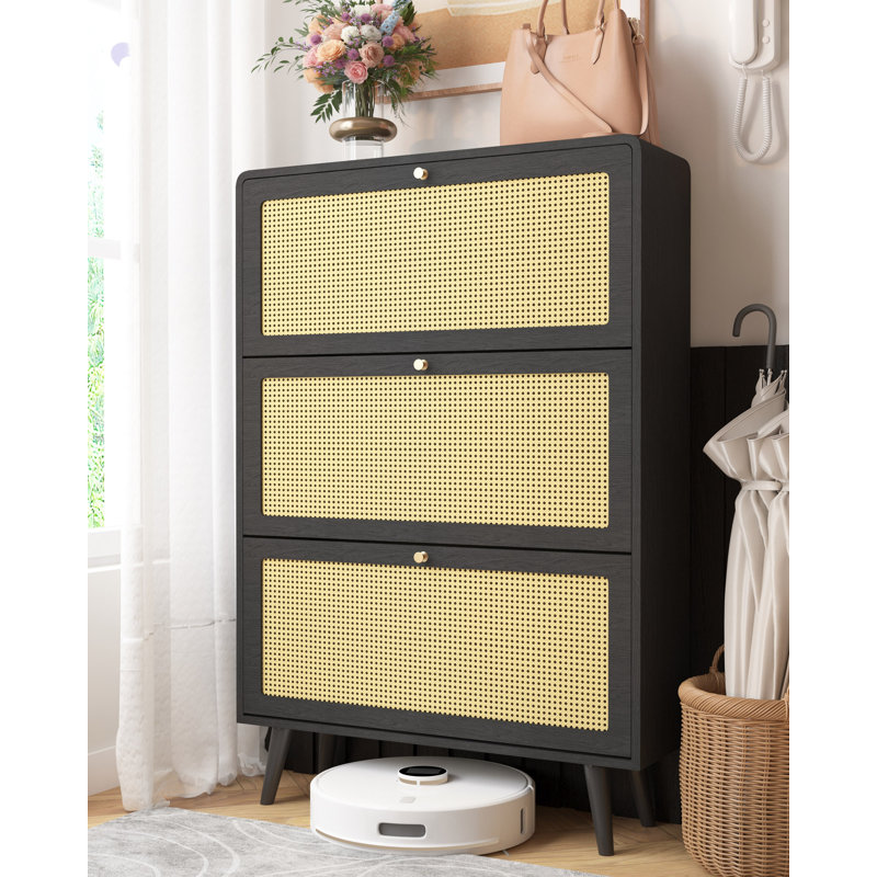 Rattan Narrow Shoe Cabinet With 3 FILP Drawers