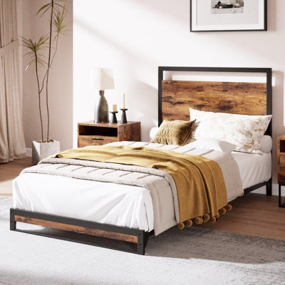 Twin/King Bed Frame w/Modern Wood Headboard & Footboard, 6"/12" Upgraded Heavy Duty Metal Sturdy Bed Frame, Stable Platform Bed Furniture Bed Storage