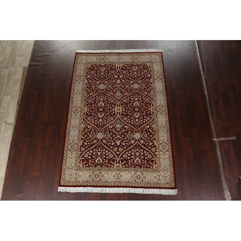 Tapis en laine / soie à motif végétal teint Tabriz noué à la main 6 x 9