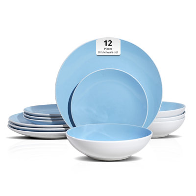 HomeVSS Coupe Shape 12-Piece Stoneware Dinnerware Set, Outside White & Inside Shiny Glaze, Service for 4