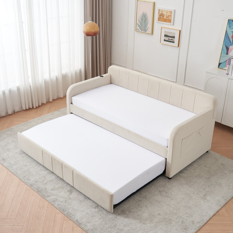 Structure de lit de jour rembourré avec lit gigogne, canapé-lit pour chambre d'amis, support à lattes de bois, Beige