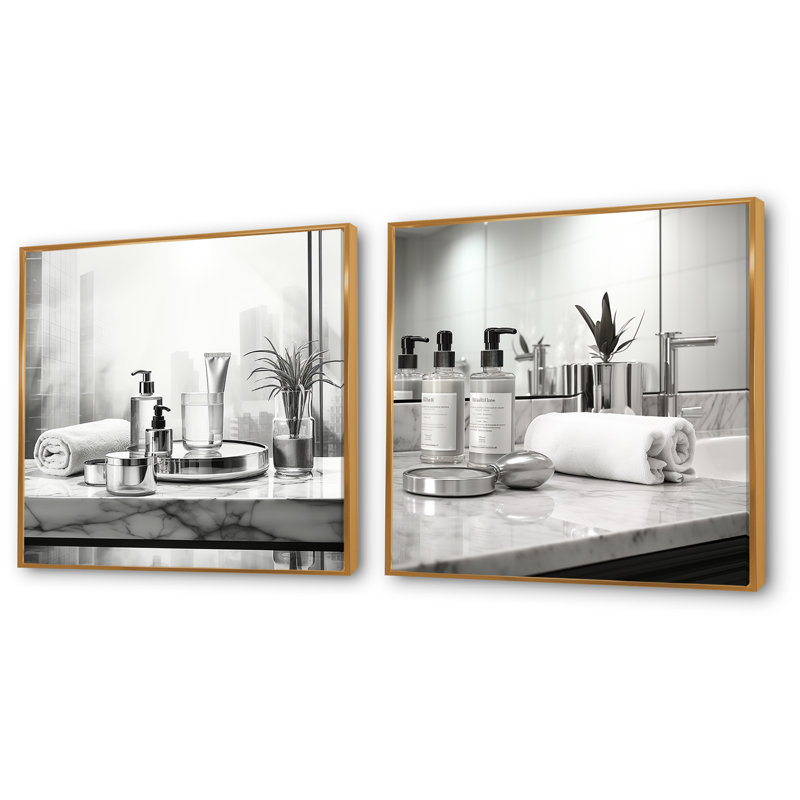Minimalisme - ensemble de 2 décorations murales noires et blanches I - Articles de toilette, H 36 po x l 73 po x P 1,5 po