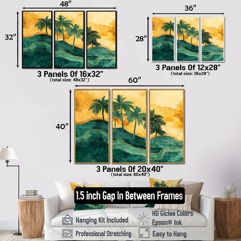 Palmiers sur une île tropicale IV - palmiers, art mural - 3 pièces, H 32 po x l 48 po, Impression encadrée sans passe-partout