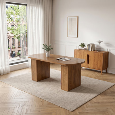 Table de salle à manger moderne noyer brun avec base à double panneau fermé et extrémités arrondies