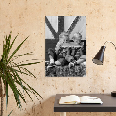 1960S Boy Girl Sitting On Bale Of Hay Sharing Eating Slice Of Watermelon Summer Fruit Classic Retro Vintage Fruit Summer Wall Art