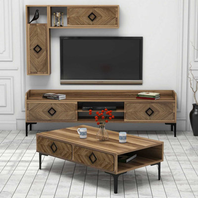 Modern Living Room Furniture Set (3 Pieces) | Walnut Color | TV Unit: 70.9 x 20.5 x 13.8 in | Coffee Table: 41.3 x 13.6 x 23.6 in | Wall Shelf (2 Pieces): 10.8 x 33.1 x 7.9 in | 100% Melamine Coated Particle Board | Stylish & Functional Design