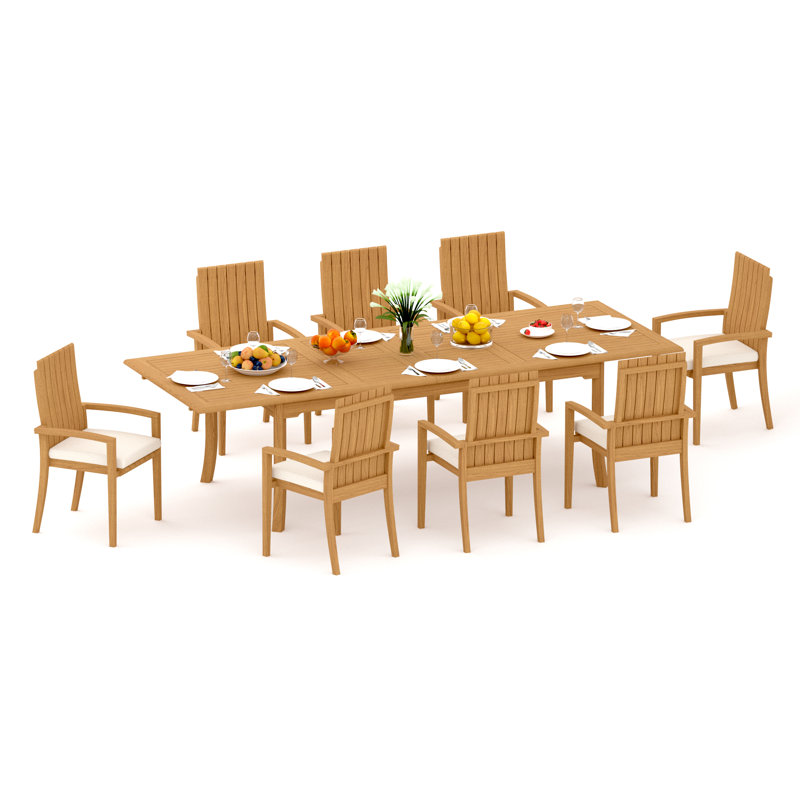 10 Seats 11 Pcs Grade-A Teak Wood Dining Set: 118" Double Extension Rectangle Table And 10 Goa Stackng Arm Chairs #11GO2410