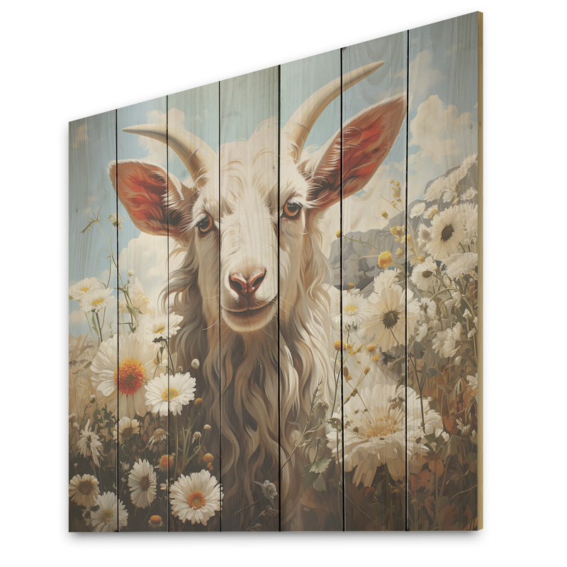 Brown Goat Farm Meadow II - Goat Animal On Wood Print, 25" H x 25" W