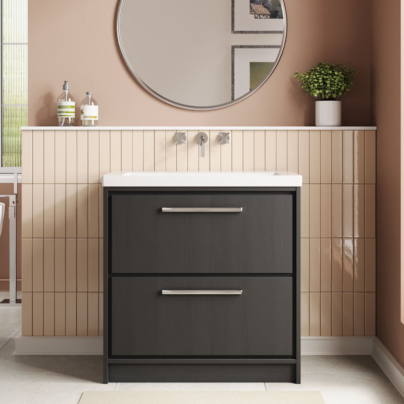 Hudson Reed Lille 600mm Graphite Grey Woodgrain 2 Drawer  Floor Standing Vanity Unit With Fireclay Basin, 81.3cm W